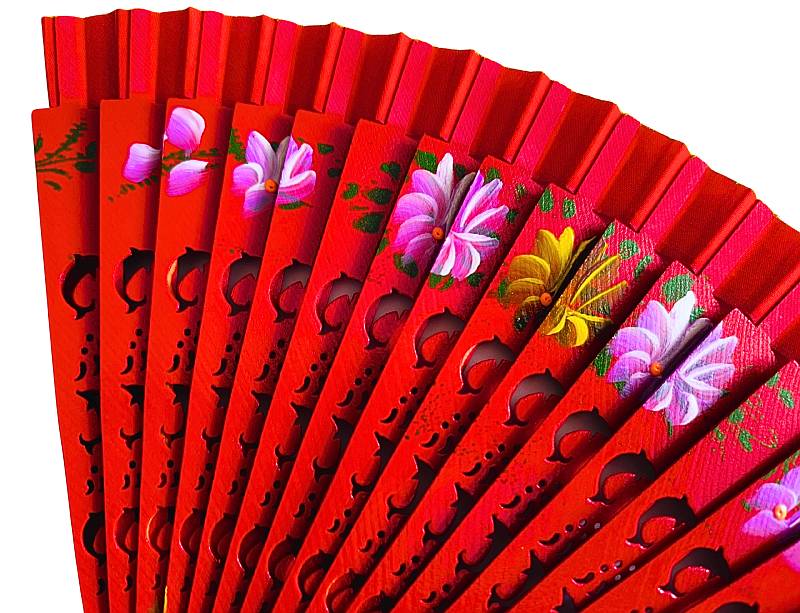 Taneční španělský vějíř Flamenco s květy - červený 1